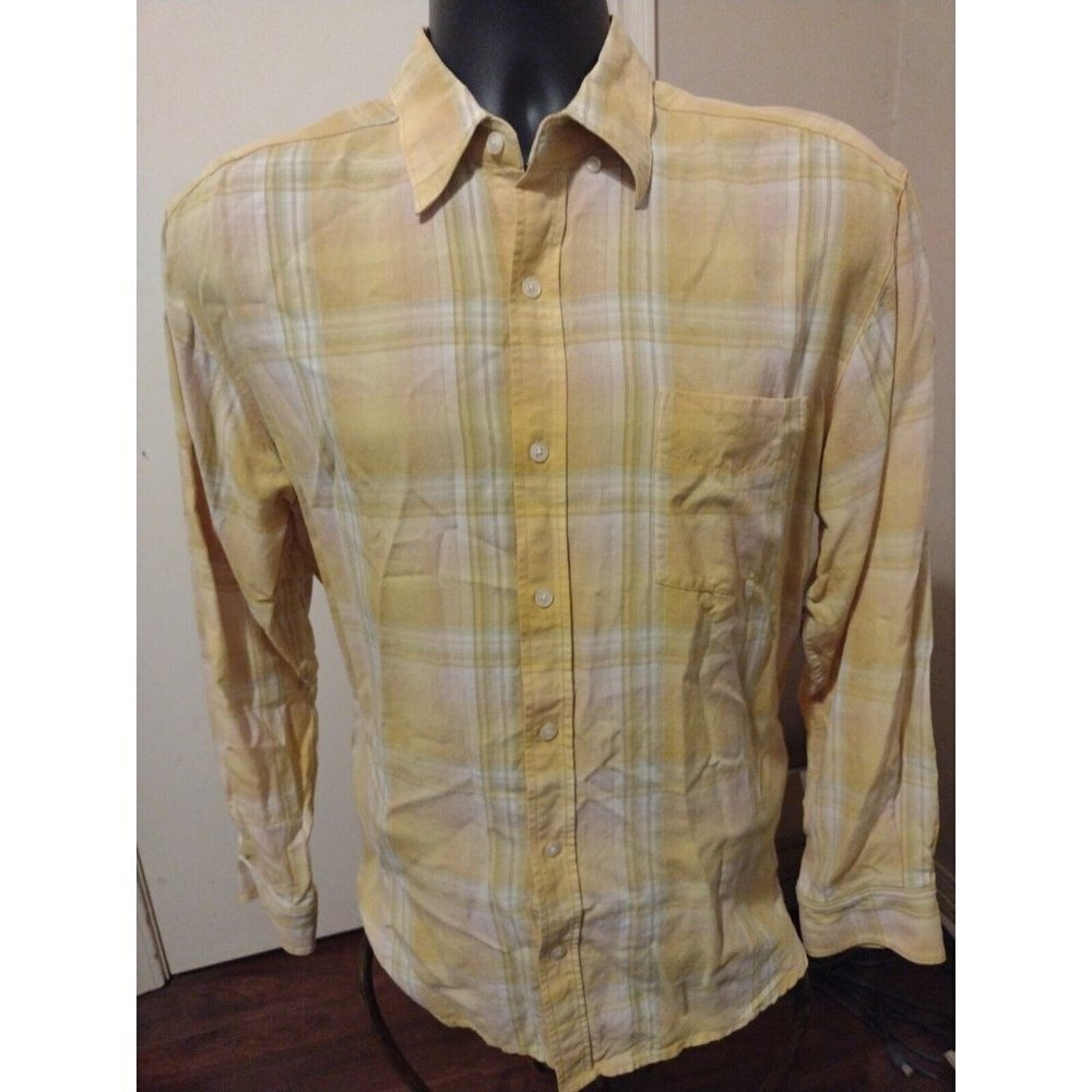 Tommy Bahama Long Sleeve Button Shirt Medium M Yellow Plaid Tencel Lyocell
